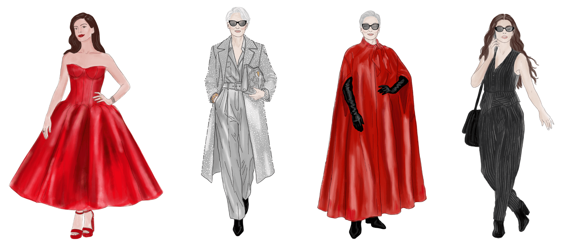 Illustrated lineup of four Devil Wears Prada 2 looks: Anne Hathaway as Andy Sachs in a strapless red Hollywood Regency ball gown, Meryl Streep as Miranda Priestly in a crystal-embellished grey trench over monochrome tailoring, Streep again in a sculptural rust-red leather cape with black opera gloves, and Hathaway in a pinstripe Office Siren waistcoat-and-trouser set.