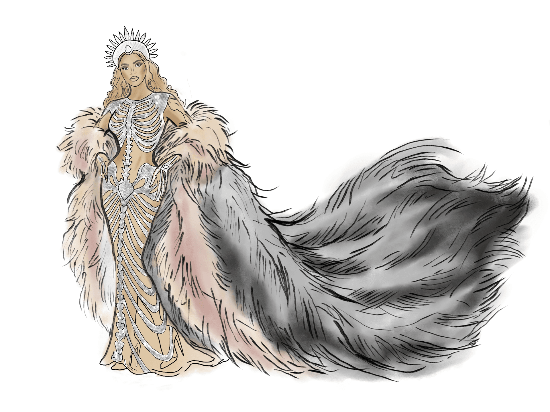 Fashion illustration of Beyoncé at the Met Gala wearing a nude gown with a silver skeleton appliqué, a spiked white halo crown, and a dramatic fur cape in blush, cream, and gray with a flowing train.