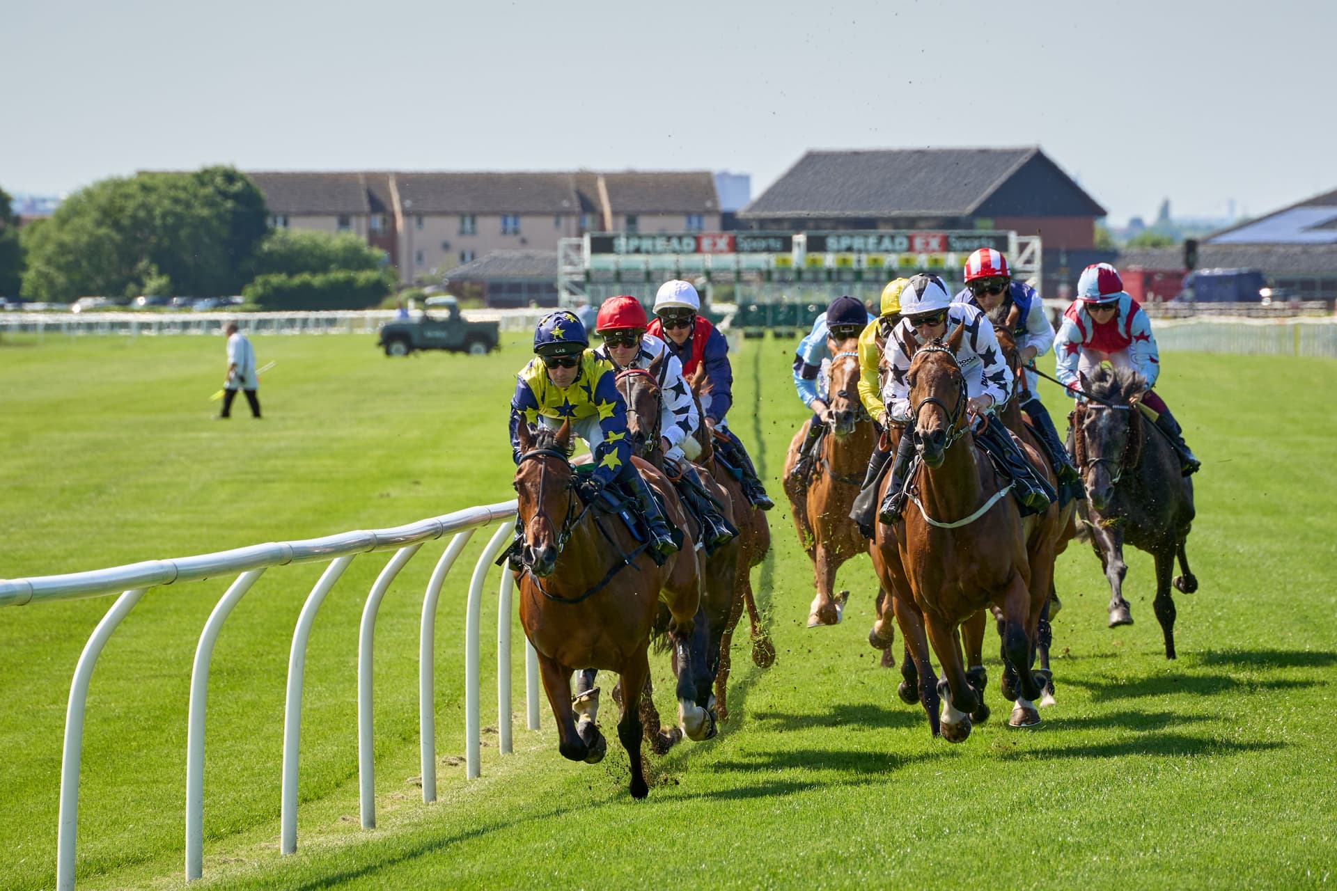 A pack of racehorses and jockeys in colourful silks round a turf bend on a sunny race day